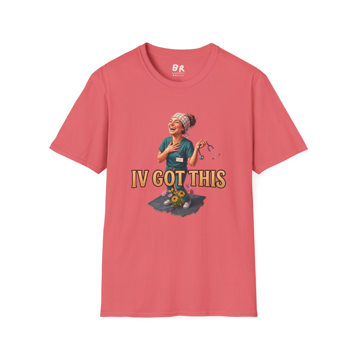 A front view of the pink Nurse Shirt - IV Got This, featuring the nurse graphic, laid flat on a white background