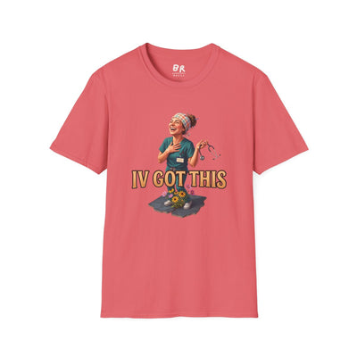 A front view of the pink Nurse Shirt - IV Got This, featuring the nurse graphic, laid flat on a white background