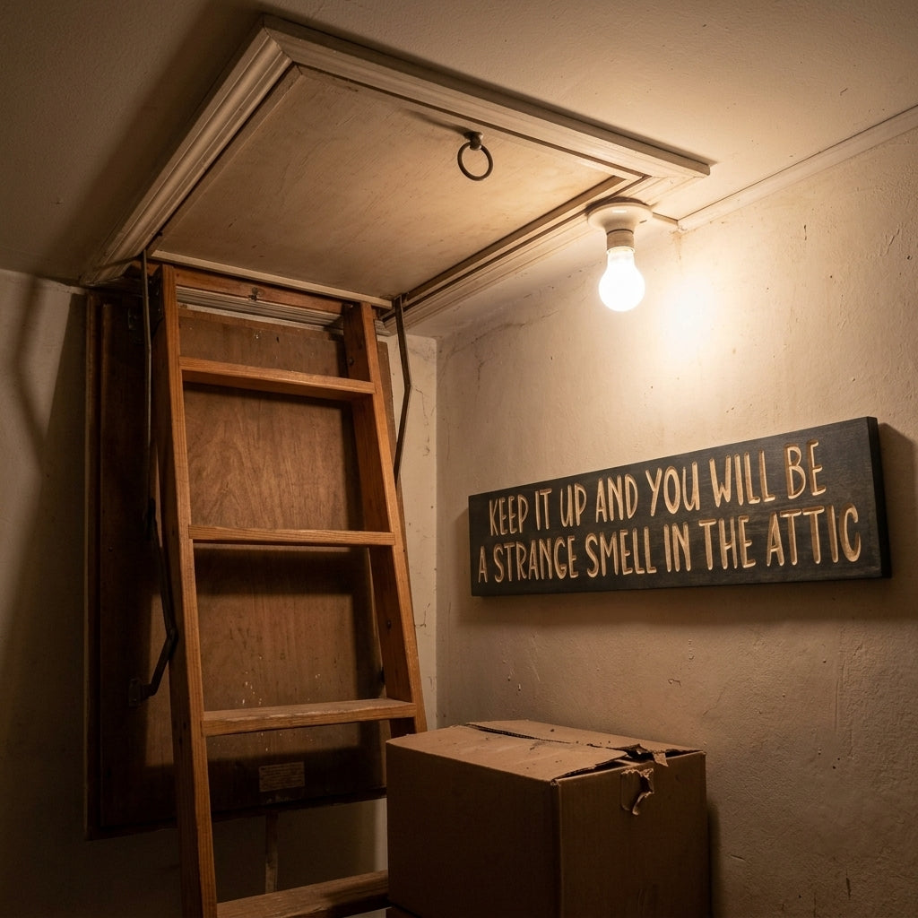 Oddities Decor — Strange Smell in the Attic | Carved Sign