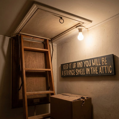 This dark Oddities Decor sign hangs on a wall in a dimly lit attic with an open ladder and a cardboard box from Bluegrass Gifts
