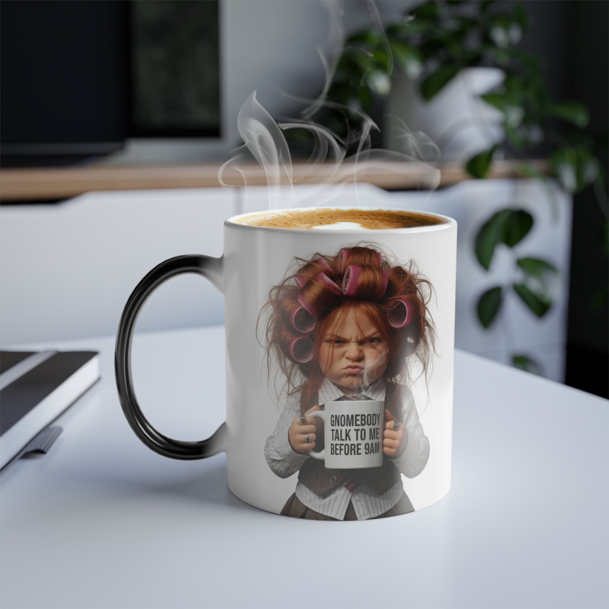 Sassy Gnomebody Magic Mug fully revealed on a clean office desk next to a notebook, perfect coworker gift.