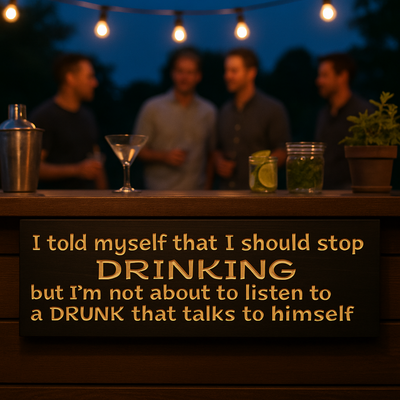 Patio bar sign wood at dusk with friends softly blurred—funny drinking quote wall décor.