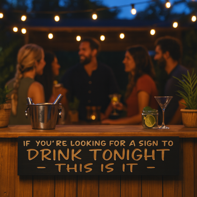 “Drink Tonight—This Is It” wooden sign on an outdoor patio bar at dusk with friends softly blurred in the background.
