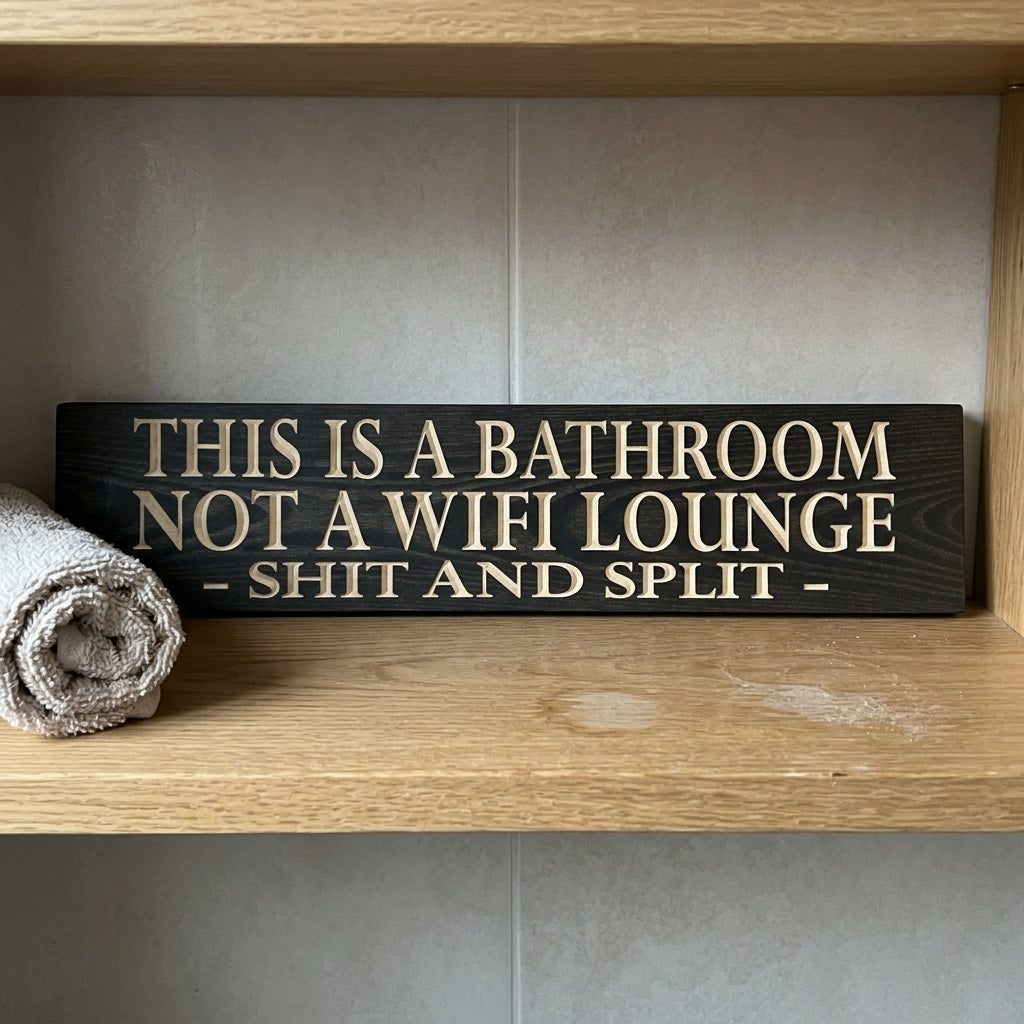 Outhouse Sign — Shit and Split | Funny Carved Bathroom