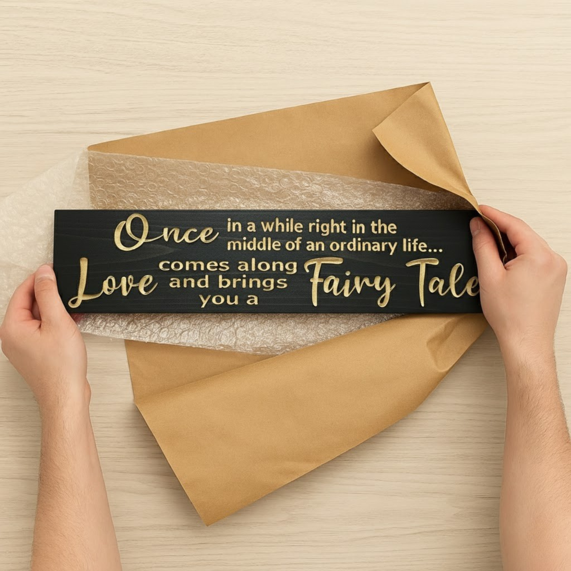 Hands wrapping the “Once in a while… love brings you a fairy tale” wood sign in brown paper — Bluegrass Gifts handmade packaging ready to ship.