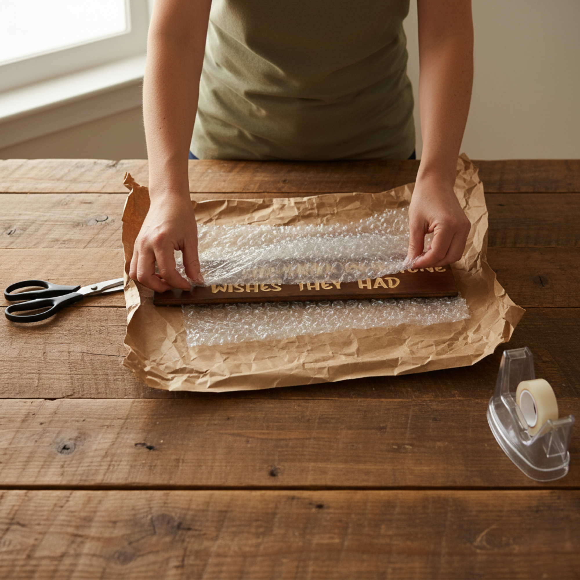 Hands carefully wrapping a wooden sign in bubble wrap for safe shipping from the workshop.