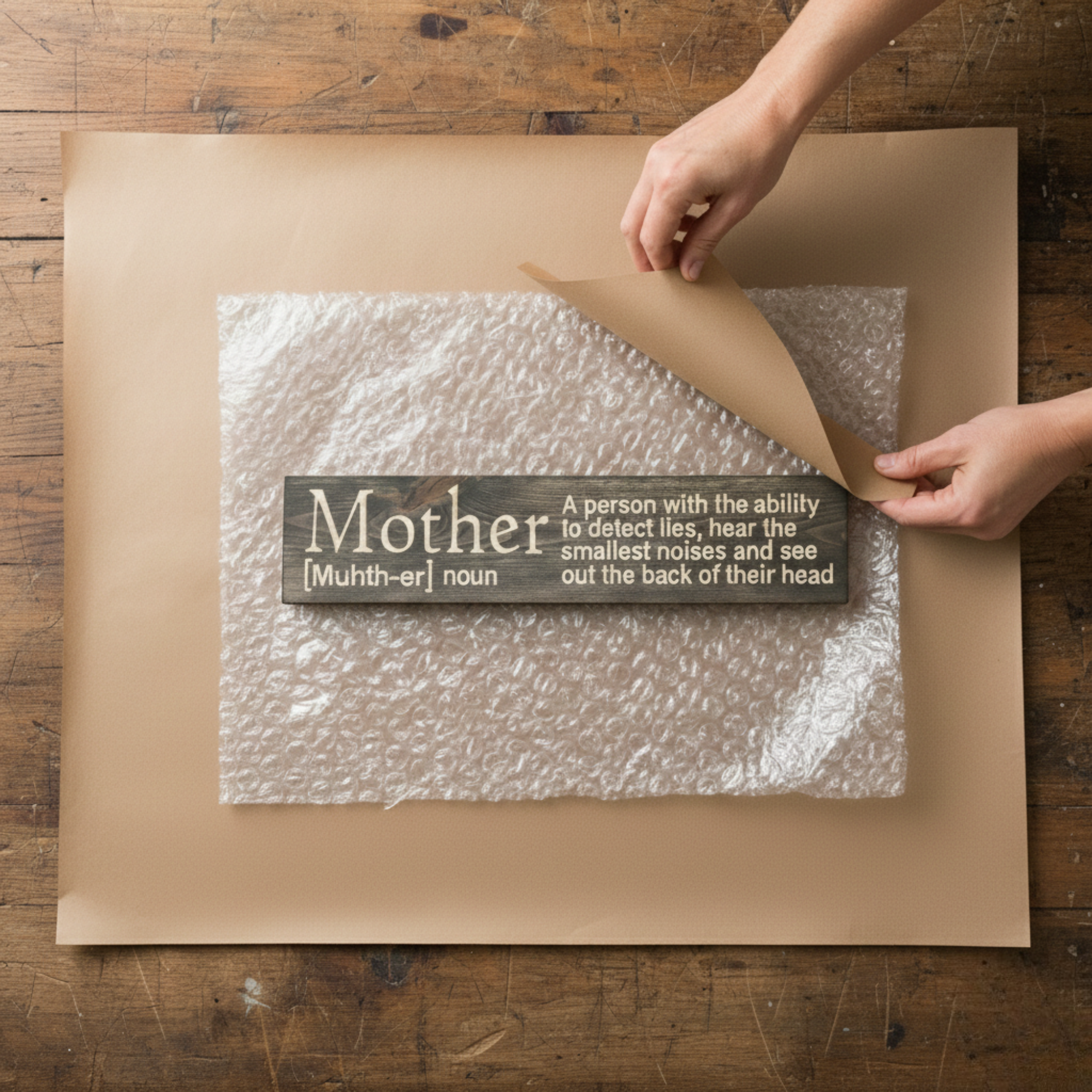Top-down view of the Mother definition sign being carefully wrapped in bubble wrap for shipping from the Rineyville, KY workshop.