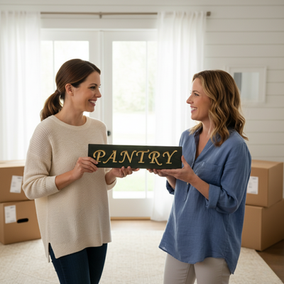 A woman happily receiving a carved wooden pantry sign as a thoughtful housewarming gift for her new home, with moving boxes in the background.