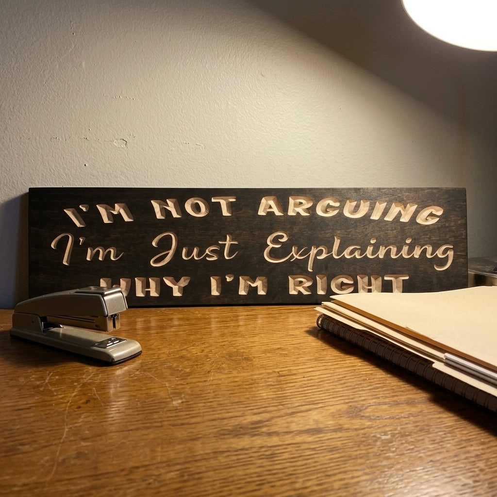 A dark carved wood Passive Aggressive Sign on a wooden desk with a stapler and notebook, lit from above, from Bluegrass Gifts
