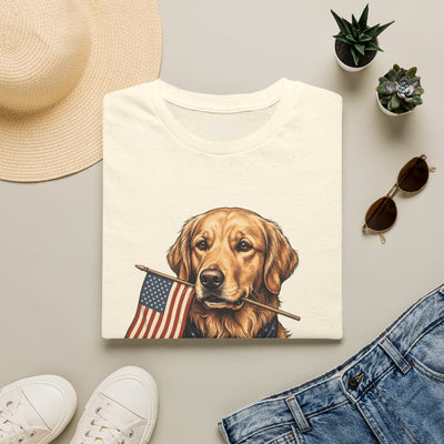 Patriotic Shirt for Women — Golden Retriever Flag Tee in Natural