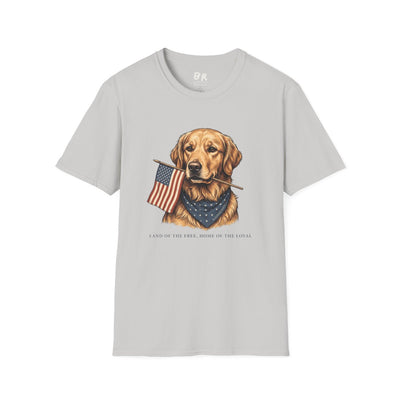 Patriotic Shirt for Women — Golden Retriever Flag Tee in Ice Grey