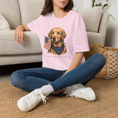 Patriotic Shirt for Women — Golden Retriever Flag Tee in Light Pink