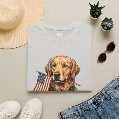 Patriotic Shirt for Women — Golden Retriever Flag Tee in Ice Grey