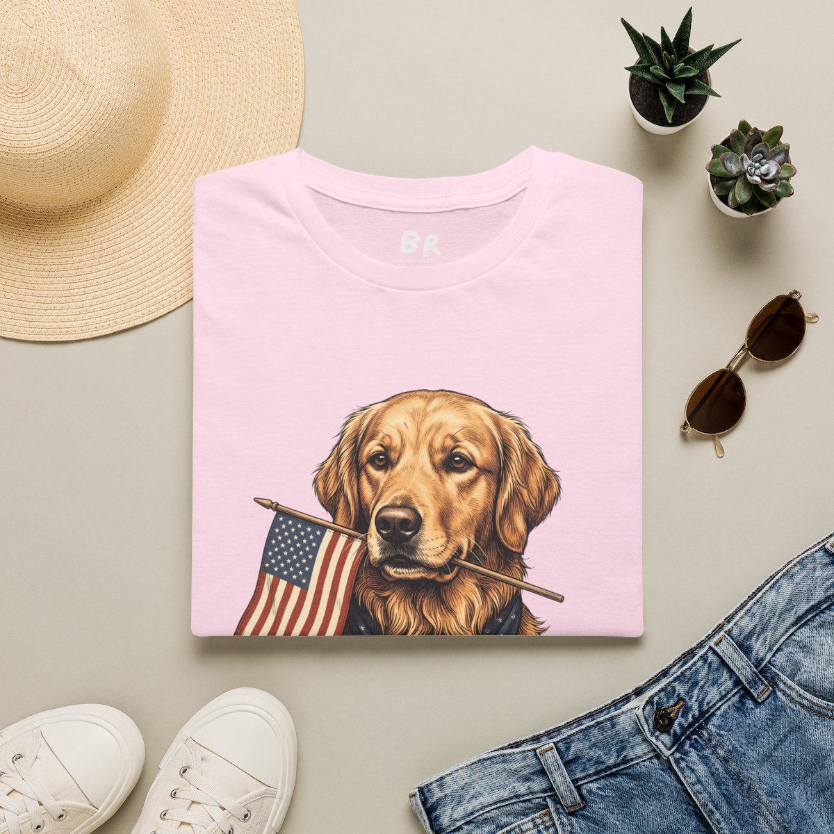 Patriotic Shirt for Women — Golden Retriever Flag Tee in Light Pink