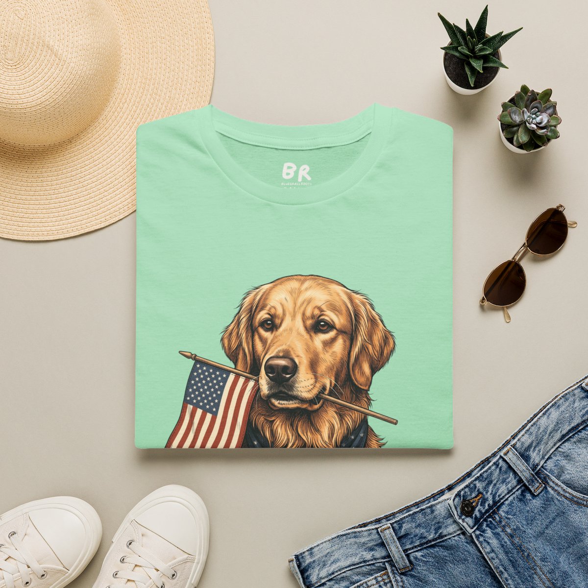 Patriotic Shirt for Women — Golden Retriever Flag Tee in Mint Green