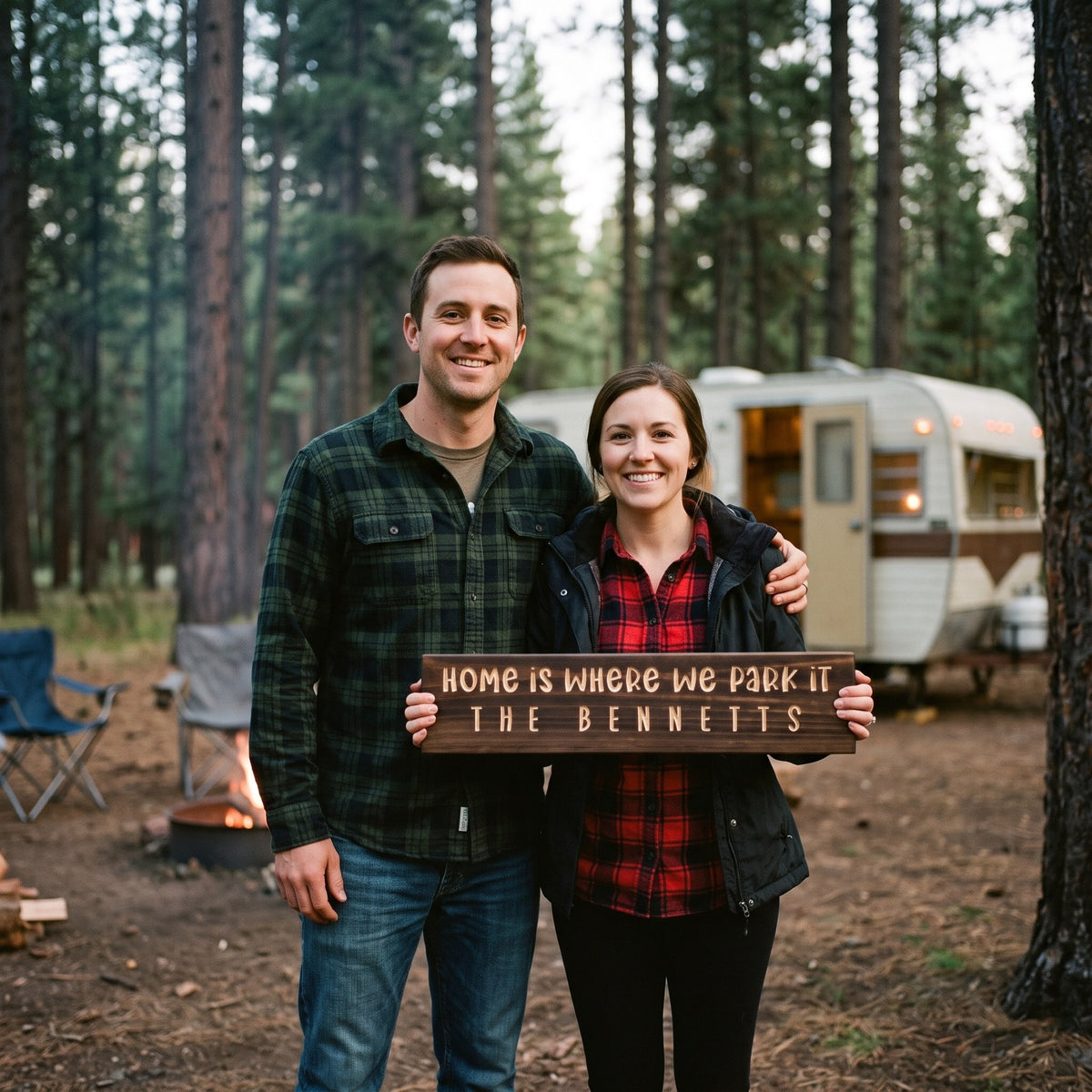 A smiling couple in flannel shirts standing at a pine-lined campsite in the evening holds a personalized wood sign that reads Home Is Where We Park It