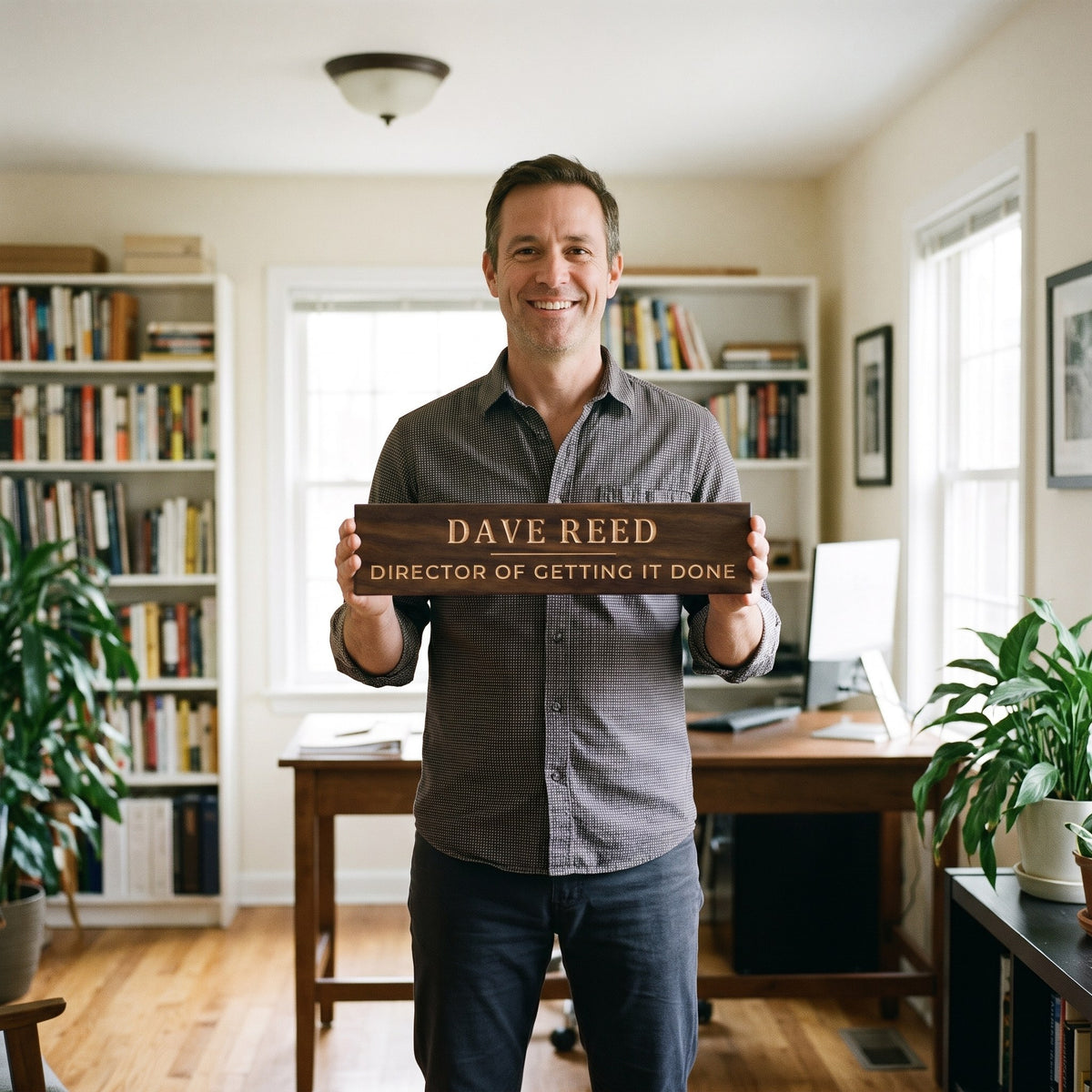 A smiling man in his forties in a button-up shirt standing in his bright home office holds a personalized wood sign that reads Dave Reed