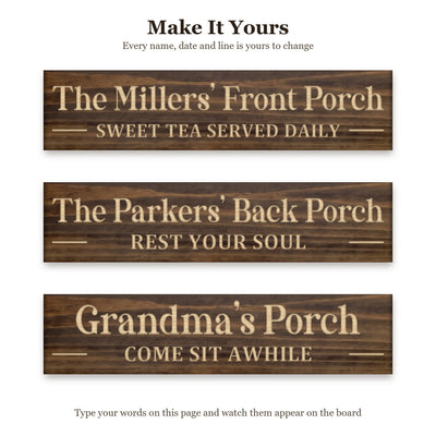 The Millers' Front Porch sign shown with three different sets of words on the same walnut board, to show every name, date and line can be changed