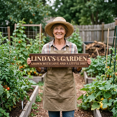 A smiling woman in a sun hat and a canvas apron standing in her backyard vegetable garden holds a personalized wood sign that reads Linda's Garden