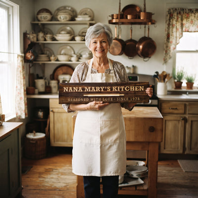 A smiling grandmother with gray hair in a plain apron standing in her cozy farmhouse kitchen holds a personalized wood sign that reads Nana Mary's Kitchen