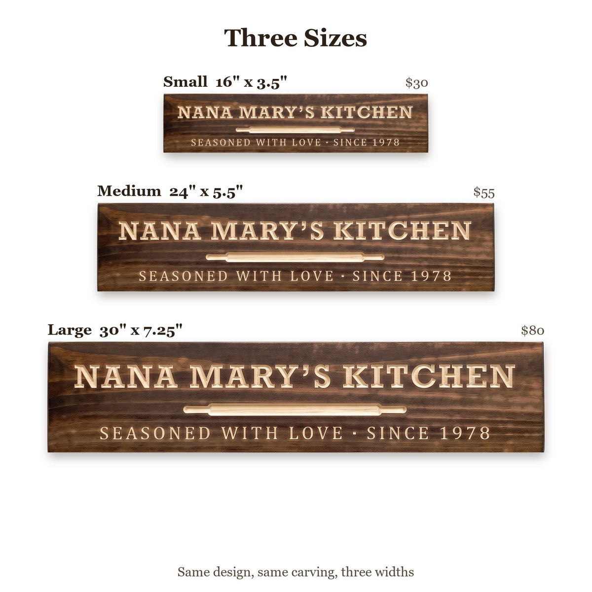 Nana Mary's Kitchen sign size guide: Small 16 x 3.5 inches, Medium 24 x 5.5 inches, Large 30 x 7.25 inches