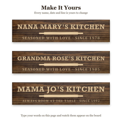 Nana Mary's Kitchen sign shown with three different sets of words on the same walnut board, to show every name, date and line can be changed