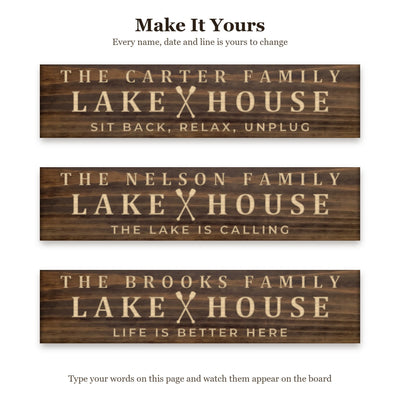 The Carter Family Lake House sign shown with three different sets of words on the same walnut board, to show every name, date and line can be changed