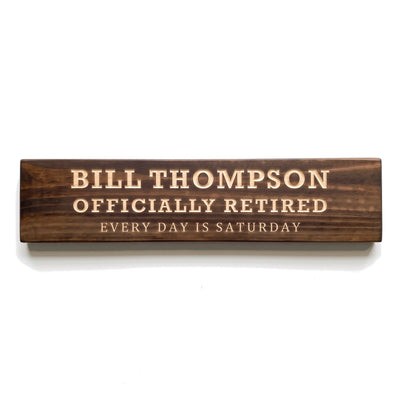 Personalized Bill Thompson sign carved into solid wood in a Dark Walnut finish, straight on, on a white background (studio photo)