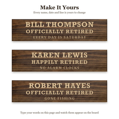 Bill Thompson sign shown with three different sets of words on the same walnut board, to show every name, date and line can be changed