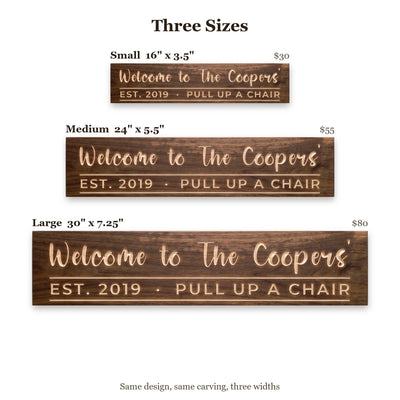 Welcome to The Coopers' sign size guide: Small 16 x 3.5 inches, Medium 24 x 5.5 inches, Large 30 x 7.25 inches
