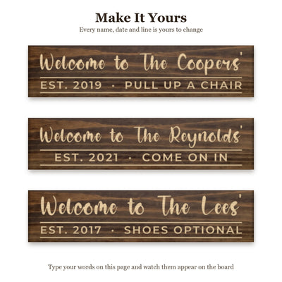 Welcome to The Coopers' sign shown with three different sets of words on the same walnut board, to show every name, date and line can be changed