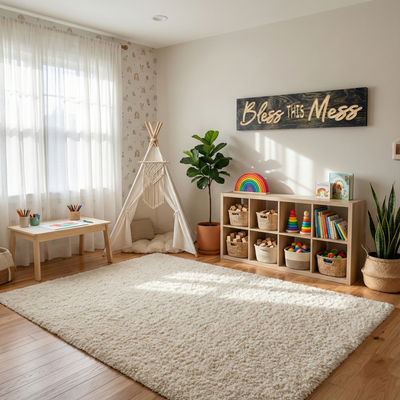 Bright boho playroom with a "Bless This Mess" wood sign hanging above toy storage organization.