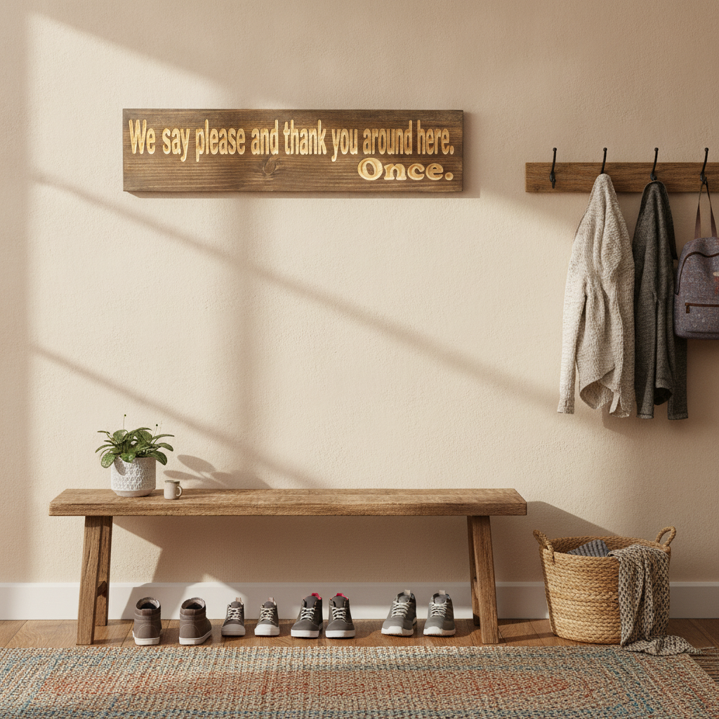 House Rules Sign — We Say Please And Thank You. Once. — styled in room — Bluegrass Gifts