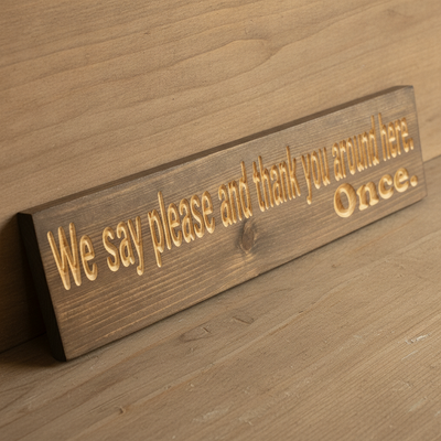 House Rules Sign — We Say Please And Thank You. Once. — carved wood sign — Bluegrass Gifts