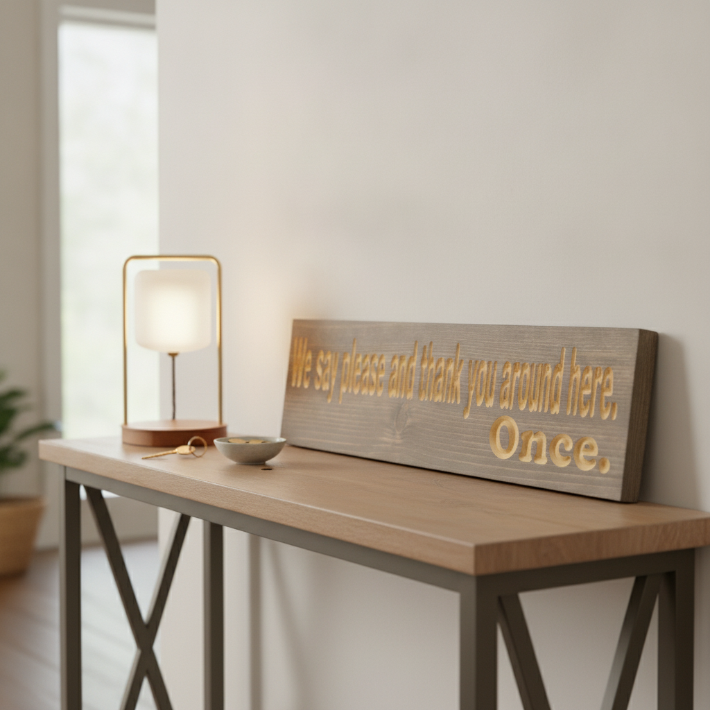 House Rules Sign — We Say Please And Thank You. Once. — styled in room — Bluegrass Gifts