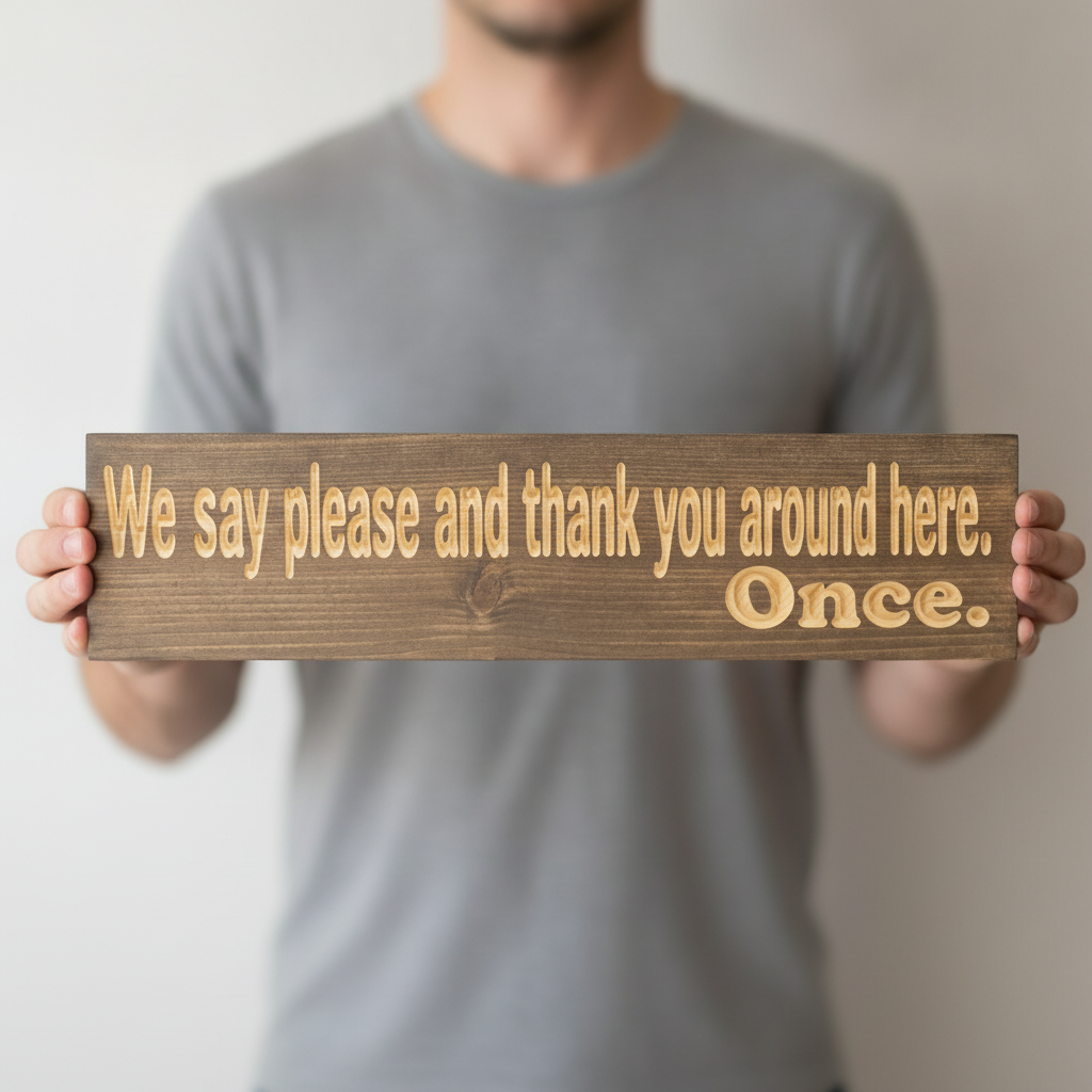 House Rules Sign — We Say Please And Thank You. Once. — shown to scale, held — Bluegrass Gifts
