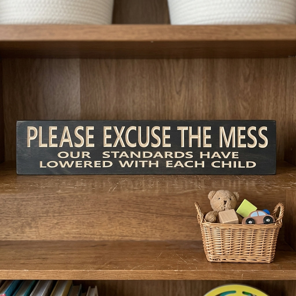 Please Excuse the Mess Sign — Our Standards Lowered With Each Child