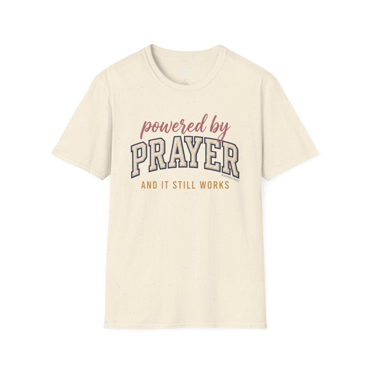 Prayer Shirt — "Powered by Prayer" Varsity Patch Tee in Natural