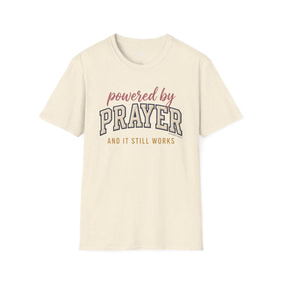 Prayer Shirt — "Powered by Prayer" Varsity Patch Tee in Natural