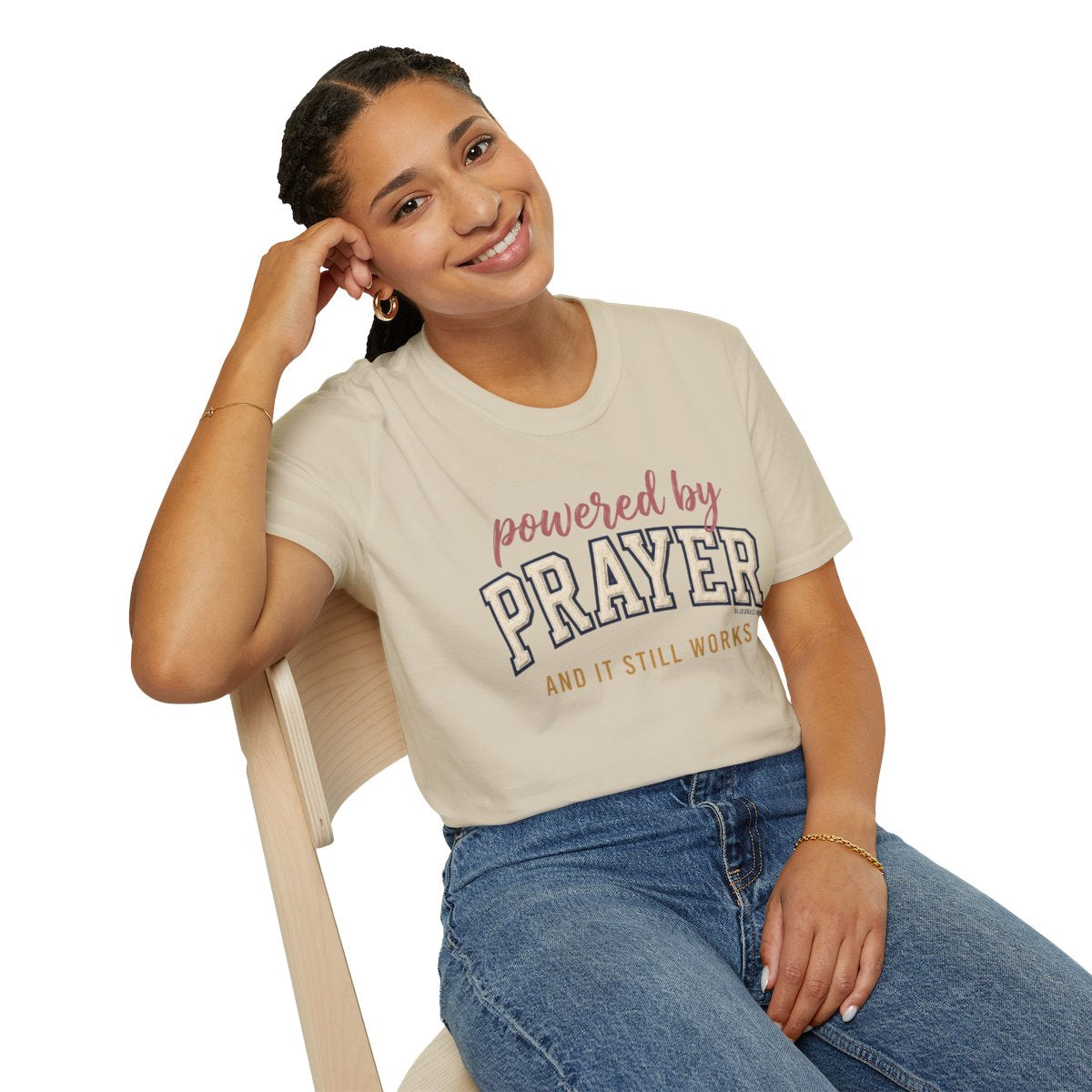 Prayer Shirt — "Powered by Prayer" Varsity Patch Tee in Sand
