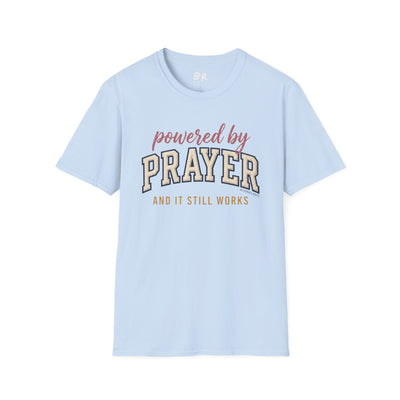 Prayer Shirt — "Powered by Prayer" Varsity Patch Tee in Light Blue