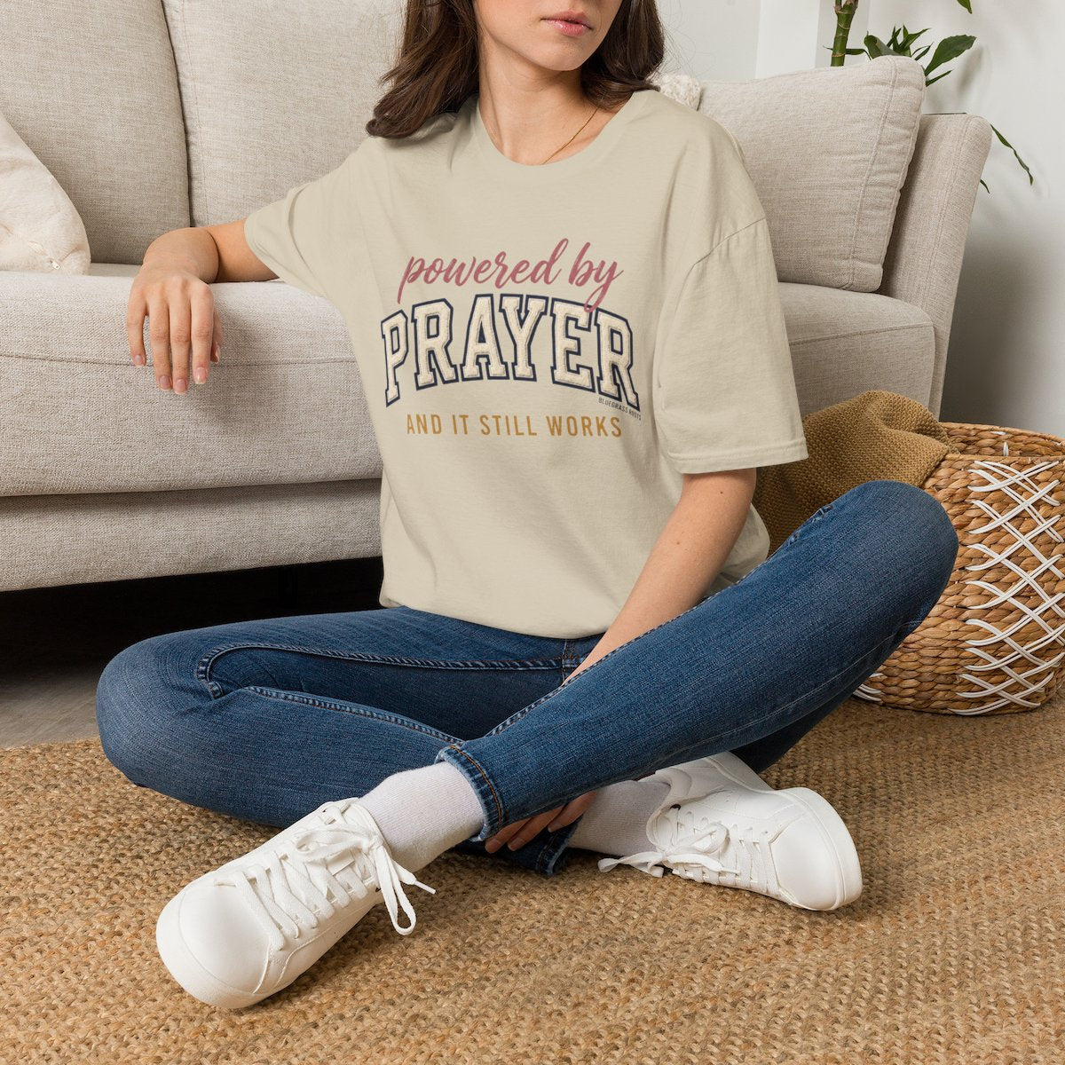 Prayer Shirt — "Powered by Prayer" Varsity Patch Tee in Sand