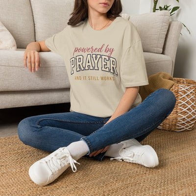 Prayer Shirt — "Powered by Prayer" Varsity Patch Tee in Sand