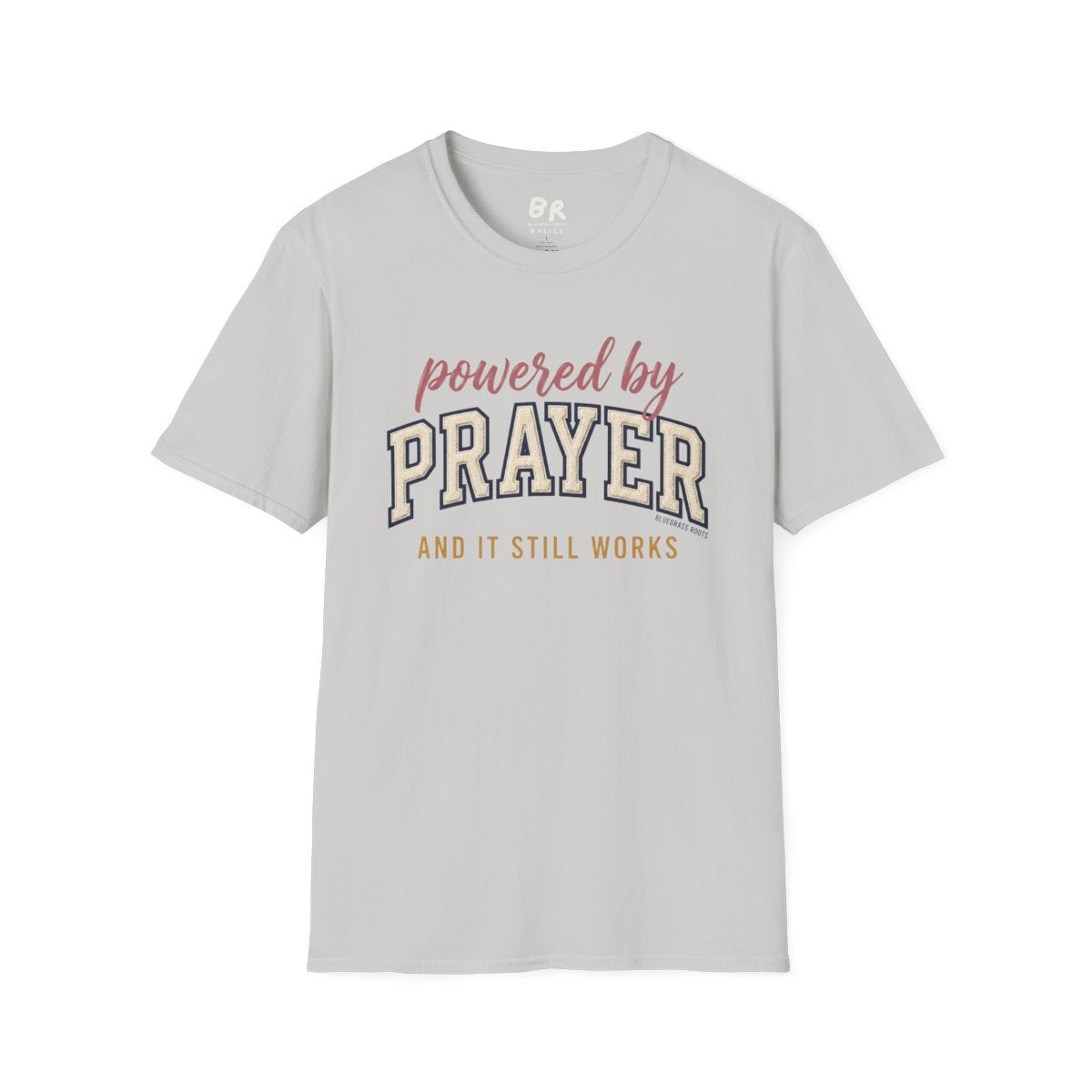 Prayer Shirt — "Powered by Prayer" Varsity Patch Tee in Ice Grey
