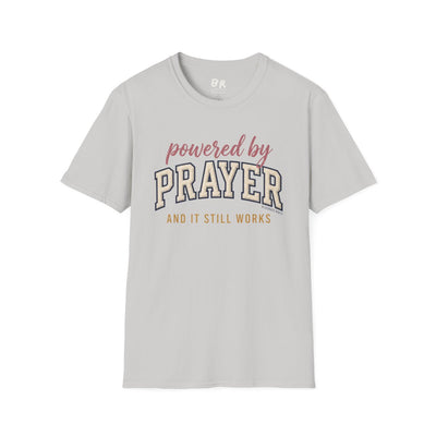 Prayer Shirt — "Powered by Prayer" Varsity Patch Tee in Ice Grey