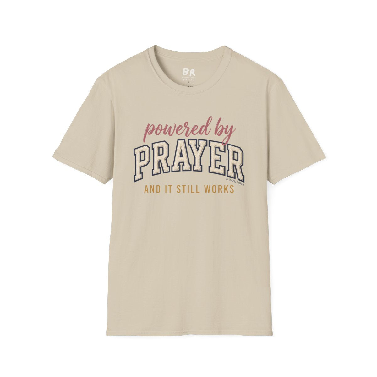 Prayer Shirt — "Powered by Prayer" Varsity Patch Tee in Sand