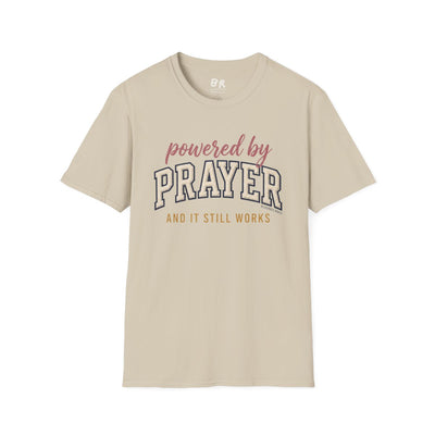 Prayer Shirt — "Powered by Prayer" Varsity Patch Tee in Sand
