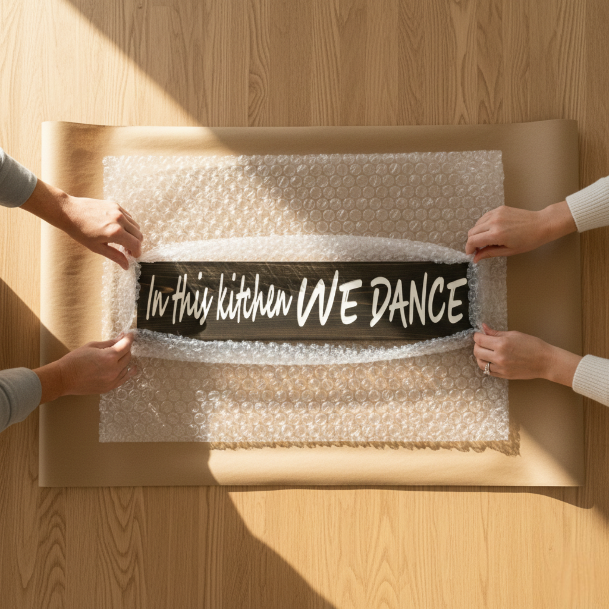 Hands carefully unboxing the "In This Kitchen We Dance" sign from protective bubble wrap, highlighting the secure shipping and gift-ready presentation from Bluegrass Gifts.