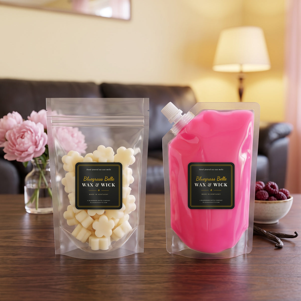 Pretty in Pink squeeze wax melt pouch and wax melt tarts by Bluegrass Belle Wax & Wick
