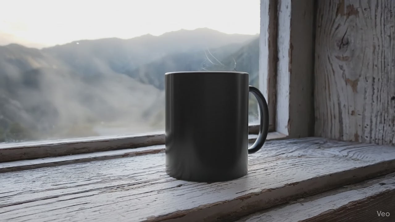 Load video: Steam rises as a black mug reveals hidden message when a hot beverage is poured — Bluegrass Gifts heat-changing mug video
